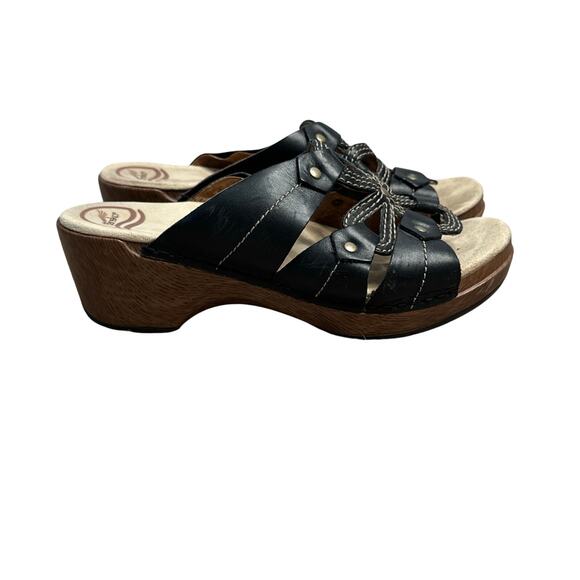 DANSKO Serena Floral Laser Cut Black Leather Heeled Sandals Clogs Women's Size 9 - Picture 2 of 9